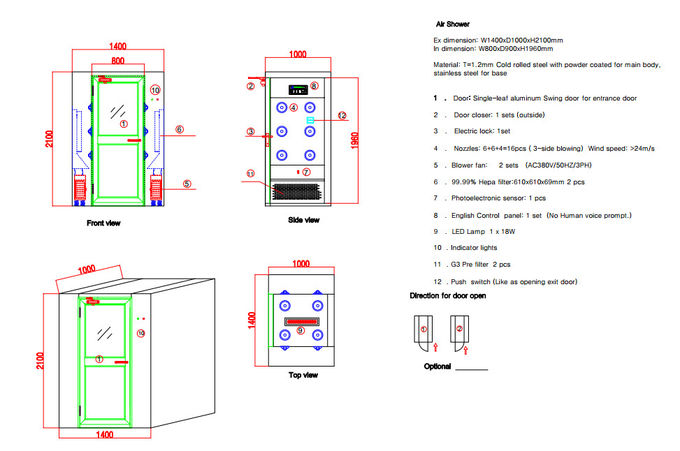 IC Kontrol Paneli ile Kontrol Alüminyum Salıncak Kapılı Dikey Temiz Oda Hava Duşları 0